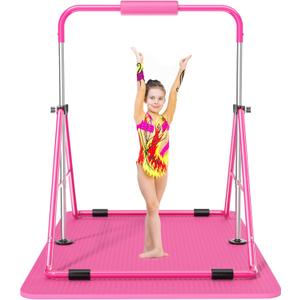 Safly Fun Gymnastics Bar with Mat for Kids 3-9, Foldable & Adjustable 35"-51", Supports 142Lbs with Pad, Easy to Assemble, Gymnastics Equipment for Indoor/ Outdoor Training