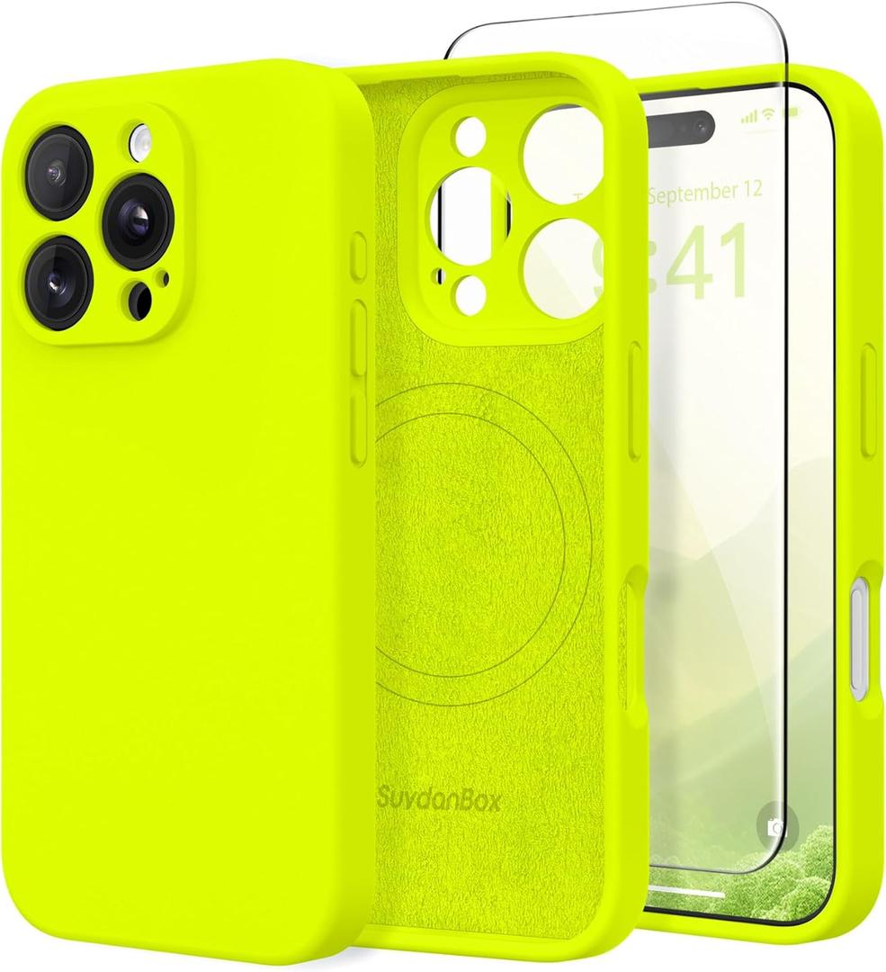 Magnetic for iPhone 16 Pro Max Case, Compatible with MagSafe, [Full Camera Protection][Screen Protector] Silicone Shockproof Protective Phone Case for iPhone 16 Pro Max, Fluorescent Green