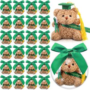 75 Pcs 2026 Mini Graduation Bear Bulk Set with 25 Graduation Gift Mini Stuffed Bears 25 Clear Plastic Fillable Ornament Balls and 25 Bow 2026 Party Favors(Green)