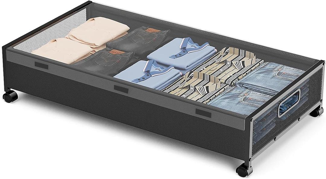 Under Bed Storage with Wheels, Under Bed Shoe Storage, Under the Bed Storage Drawers with Remove Window, Extra Large Rolling Under Bed Storage Metal Drawer for Clothes (Black-1 pack)