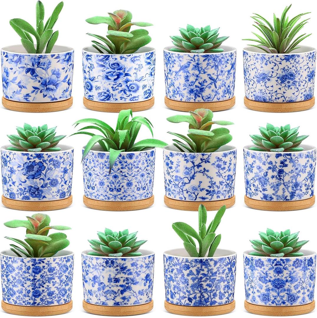 Maxdot 12 Pcs 3 Inch Ceramic Chinoiserie Succulent Pots Blue and White Mini Plant Cylinder Pots with Drainage Holes and Bamboo Trays for Indoor Plants Flowers Succulent Garden Decoration