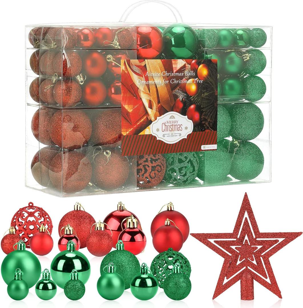 Aitsite 100 Pack Christmas Tree Ornaments Set Mini Shatterproof Holiday Ornaments Balls for Christmas Decorations (Red and Green)