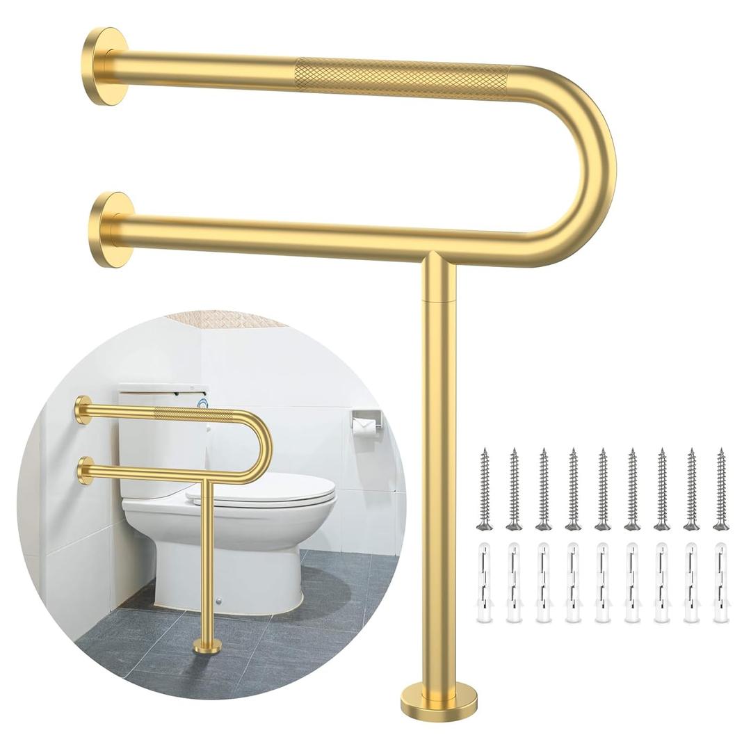 Toilet Support Rail 23.4X 28 Inch, Munzong Anti-Slip Gold Handicap Grab Bar for Bathroom, Stainless Steel Knurled Safety handrails with Leg for Elderly Disabled Pregnant-1.25Tube