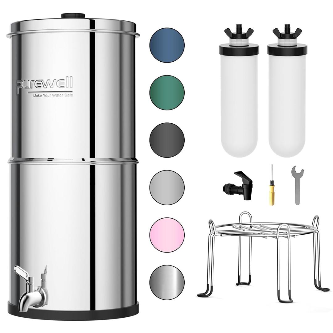 Purewell 3-Stage Gravity Fed Water Filter System, 2.25 Gallon Stainless Steel Countertop System with 2 Washable Ceramic Filters and Stand, Reduce up to 99% Chlorine, PW-OBT (Silver)