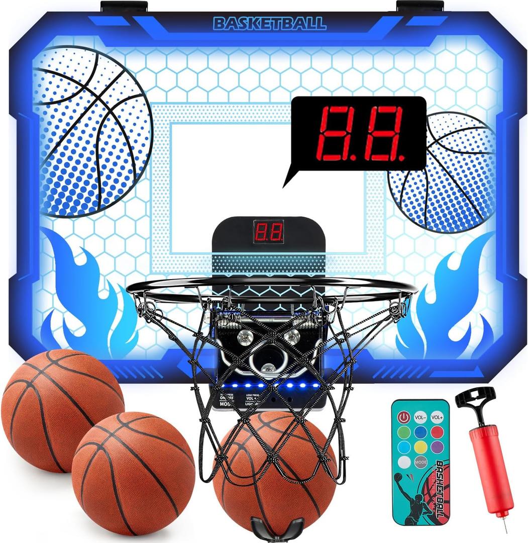 Indoor Basketball Hoop for Kids with Led Lights Mini Basketball Hoop with Remote Control Over The Door Basketball Hoops with Scoreboard Basketball Toys for 4-12 Year Old Boys Girls