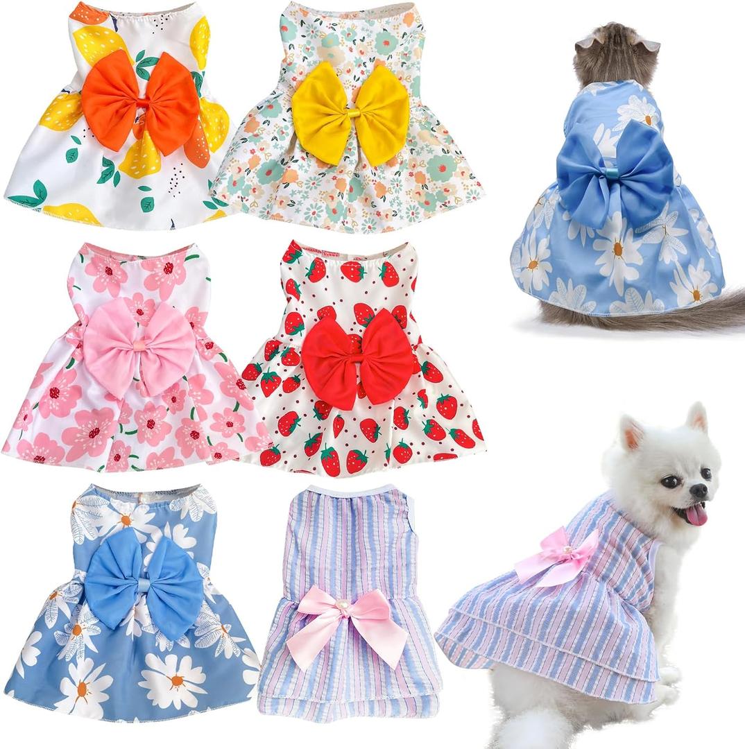 6 Pieces Dog Dresses for Small Dogs Girls, Cute Princess Puppy Kitten Dog Dresses with Flowers and Bowknot for Pet Dogs Cats, Small Dog Outfits Female Pet Skirts Clothes for Chihuahua Yorkies