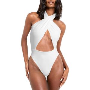 HYPERFIRE Women's Sexy Halter Criss Cross Swimsuit Cut Out One Piece Bathing Suit High Cut Swimwear White X-Large