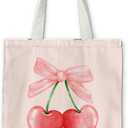 Coquette Tote Bag - Pink Bows Cherry Heart Canvas Tote for Women, Cute Trendy Gift