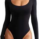 REORIA Women's Sexy Basic Scoop Neck Long Sleeve Double Lined Layering Slim Bodysuit Tops M