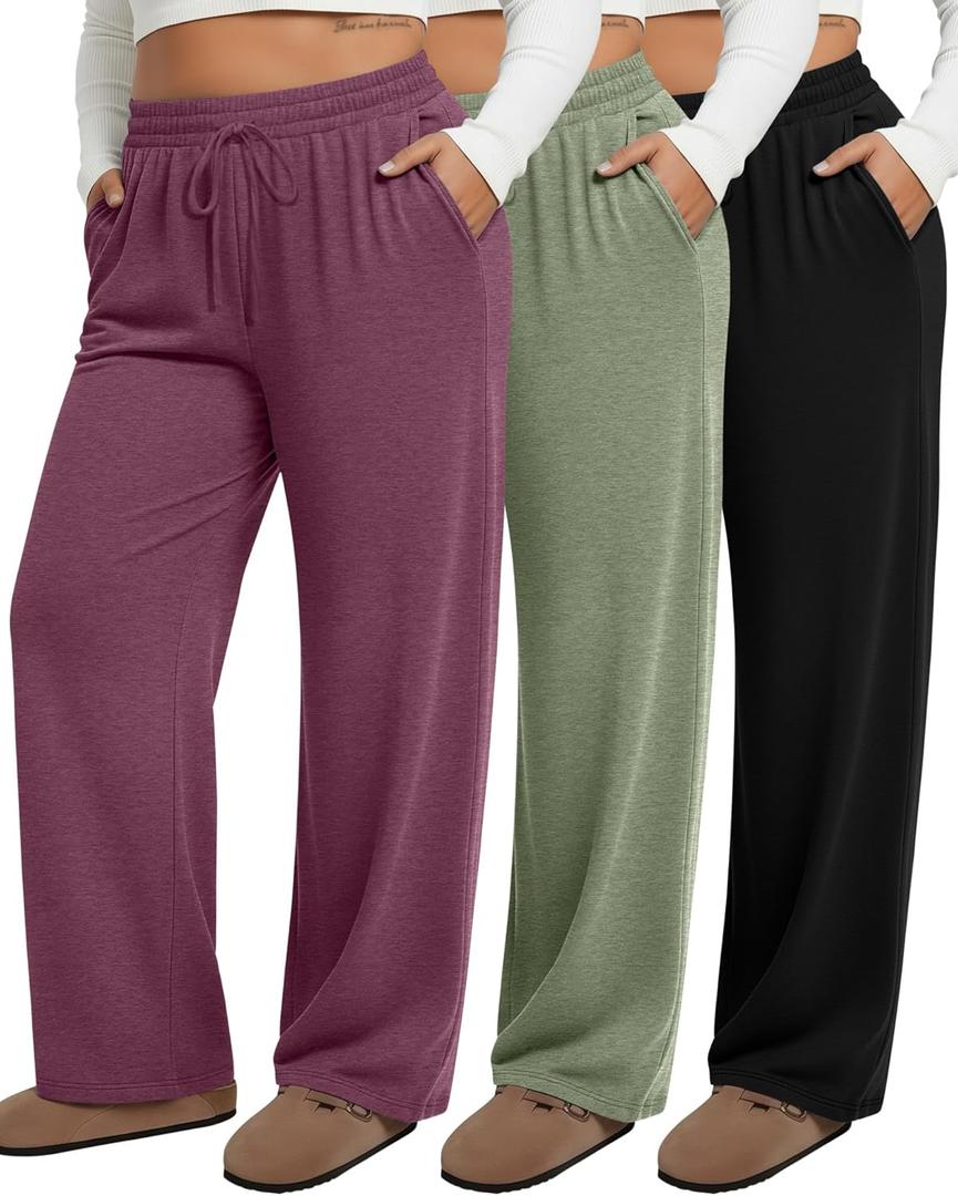 Neer 3 Pack Women's Plus Size Sweatpants Wide Leg High Waist Drawstring Yoga Lounge Joggers Open Bottom Pants with Pockets (Black, Bean Green, Dark Purple)