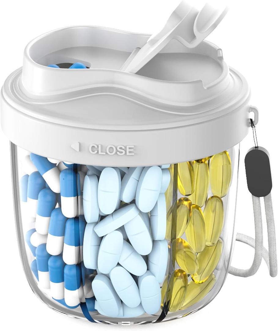 Cute Pill Organizer,Pill Dispenser with 7 Large Compartments,Portable Pill Bottle Box with Wide Opening for Easy Use, Anti-Mix Pills Organizer for Travel,Includes 20 Pcs Sticky Labels (Gray)