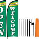 8.2 ft Now Open Flags Signs for Grand Opening Banner Advertising Business, Feather Flag with Pole Kit and Ground Stake, Yard Sign Banner Flagpole Posts for Outside 2 Set Green