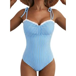 Herseas Womens Striped One Piece Swimsuits Tie Shoulder High Cut Tummy Control Bathing Suit 2026 Summer Beach Swimwear (Large, Sky Blue Stripe)