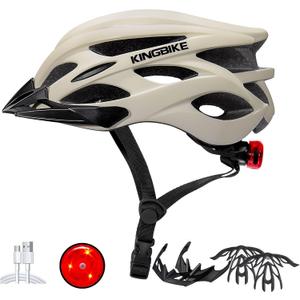 KINGBIKE Bike Helmet with USB Rechargeable Light & Replacement Pads & Visor, Cream, L(57-60CM)