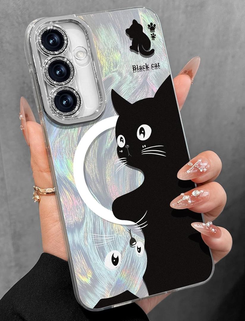 Toycamp for Samsung Galaxy S25/S24 Case - Compatible with Magsafe Aesthetic Cute Holographic Galaxy S25 Case with Diamond Bling Lens Protector for Samsung S24 Cover for Women Girls, Black White Cat