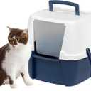 IRIS USA Cat Litter Box, Large Enclosure with Front Door Flap and Scoop, Covered Box with Handle and Buckles for Portability and Privacy, Navy/White