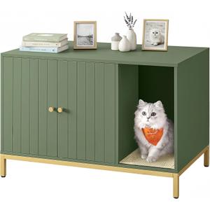 Feandrea Cat Litter Box Enclosure, Hidden Litter Box Furniture with Scratch Pad, Front Entry, Double Cabinet Doors, Modern Style, 31.5" Cat House Washroom Side End Table, Forest Green and Gold