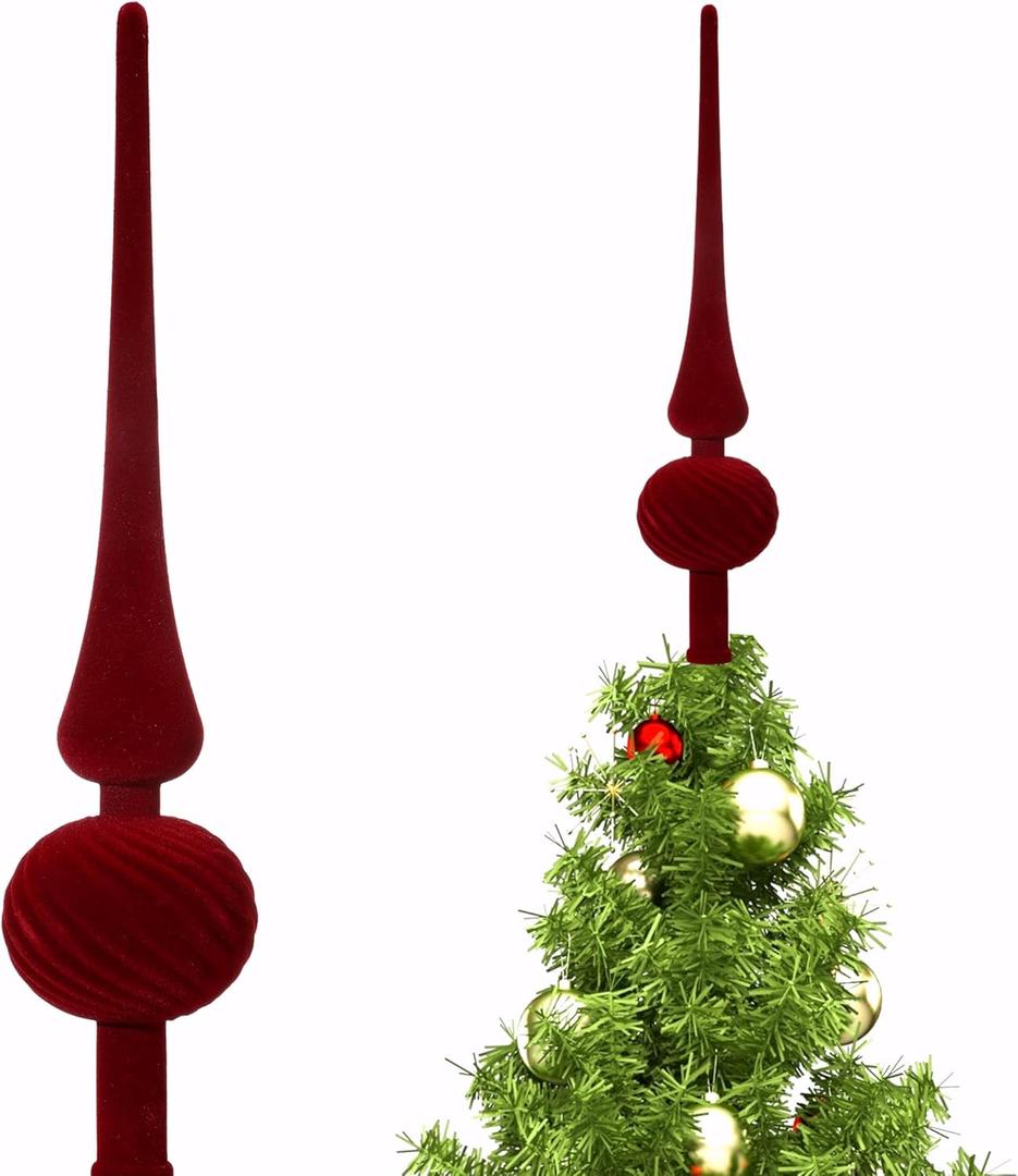 Sumind 11 Inch Burgundy Velvet Finial Christmas Tree Topper Vintage Spherical Tree Topper Velvet Finial Mid Century Christmas Ornament for Home Xmas Holiday Party Decorations