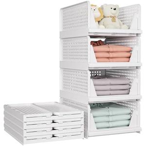 SNSLXH 4 Pack Stackable Closet Storage Basket, Multifunctional & Foldable Closet Organizer for Bathroom Kitchen Laundry Room Wardrobe Storage, Space-Saving Clothes Storage Drawer Organizer, White