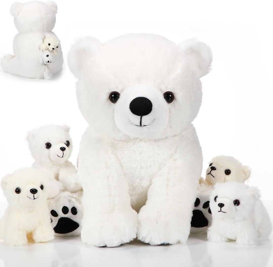Leitee 5 Pcs Polar Bear Plush Set Large Mommy Polar Bear Stuffed Animal with 4 Cuddly Baby Plushies in Belly for Boys Girls Birthday Winter Holiday Decor Gifts(Sitting)