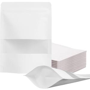 FireKylin 100 Pcs Resealable Bags,Inner Size 4.9" x 5" (Outer Size 5.5" x 7.9") Stand Up White Paper Bags with Matte Window, Zipper Food Storage Bags for Packaging Products, Reusable, Sealable