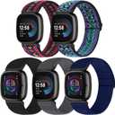 Compatible with Fitbit Versa 4/Versa 3/Sense 2/Sense Band Women Men, 5 Pack Elastic Nylon Soft Adjustable Stretchy Solo Loop Replacement Strap for Women Men (Black+Grey+Indigo+Boho Red+Boho Blue)