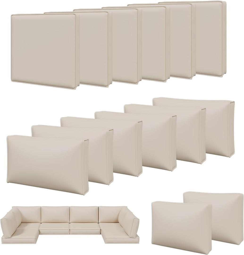 Aoxun 14pcs Patio Cushion Covers Replacement, Waterproof Outdoor Furniture Cushion Covers with Zipper and Non-Slip Bottom, Patio Sofa Couch 3 Sizes for Patio Sectional, Covers Only (Beige)