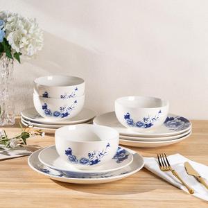 LERATIO Ceramic Dinnerware Sets for 4,12 Pieces Poreclain Plates and Bowls Sets,Scratch Resistant Dishes,Dishwasher & Microwave Safe,Oven Safe Dishes Set,Service for 4 - Blue