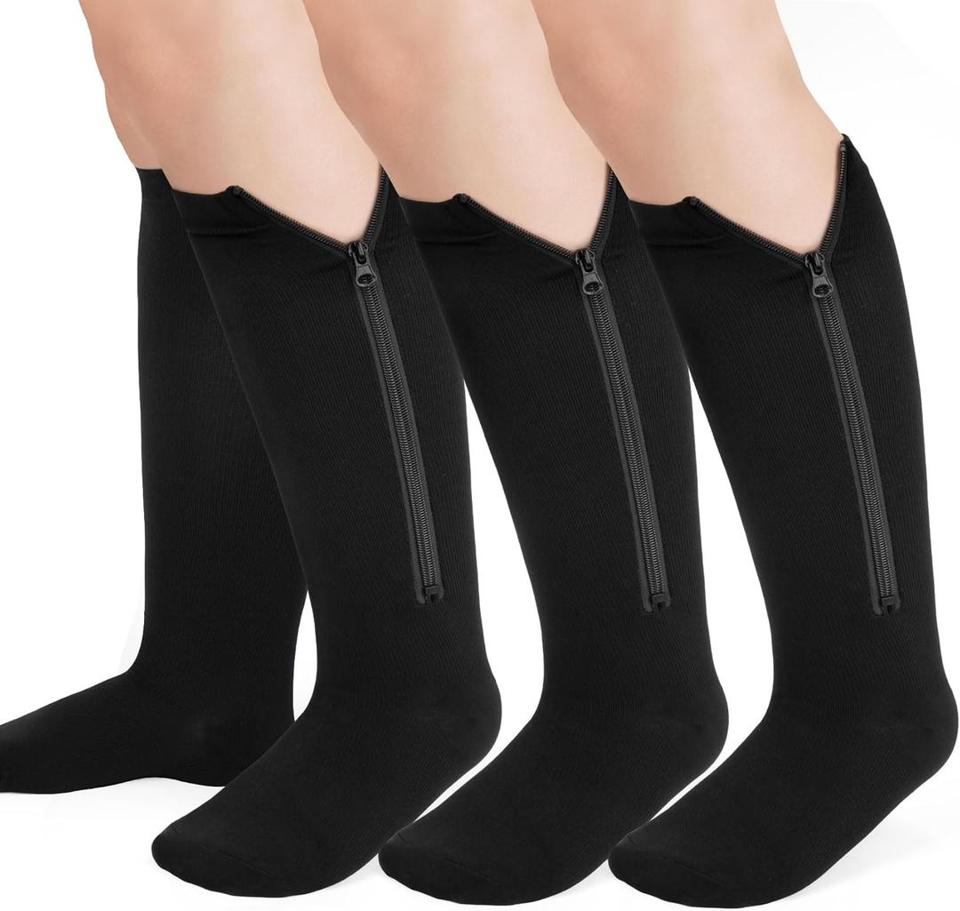Plus Size Compression Socks for Women Men Wide Calf (15-20mmhg) Knee High Socks Support Compression Stockings for Nurses and Flying (Zipper - 3 Pairs - Black), 2XL