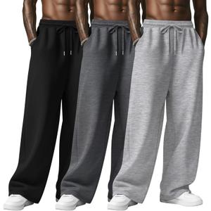 August Alley 3 Pack Men's Baggy Sweatpants Wide Leg Open Bottom Drawstring Pants Lounge Athletic Loose Joggers with Pockets (Light Gray, Dark Gray, Black), M