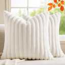 Set of 2 Decorative Throw Pillow Covers 20x20 Faux Fur, Soft Plush Striped Square Couch Cushion Cases with Velvet Back for Sofa Bed Living Room Modern Farmhouse Boho Euro, Cream White