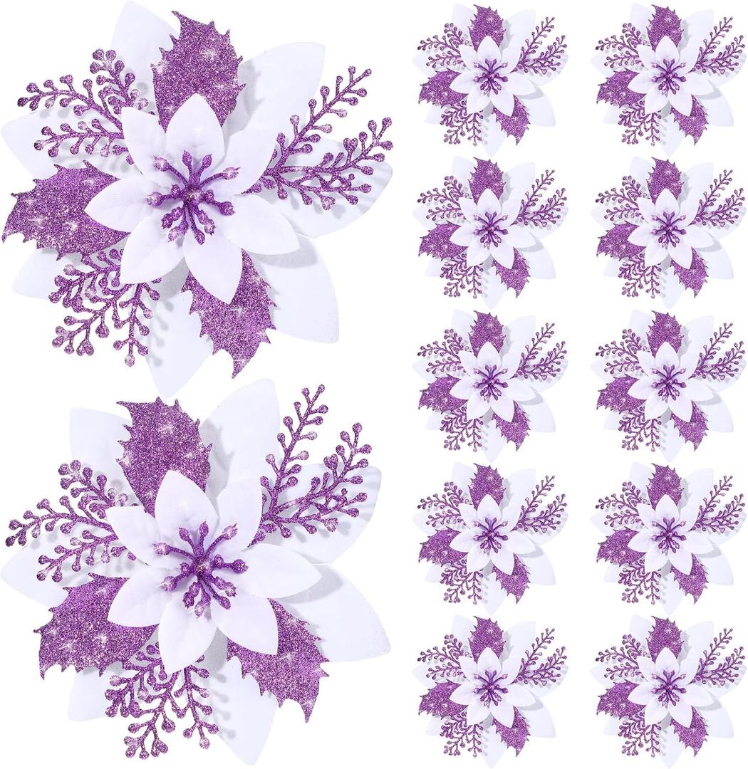 12 Pieces 5.7 Inch Christmas Poinsettia Flower Christmas Glitter Artificial Flower with Clips Xmas Tree Ornament for Wreath Garland Party Decor (White,Purple)