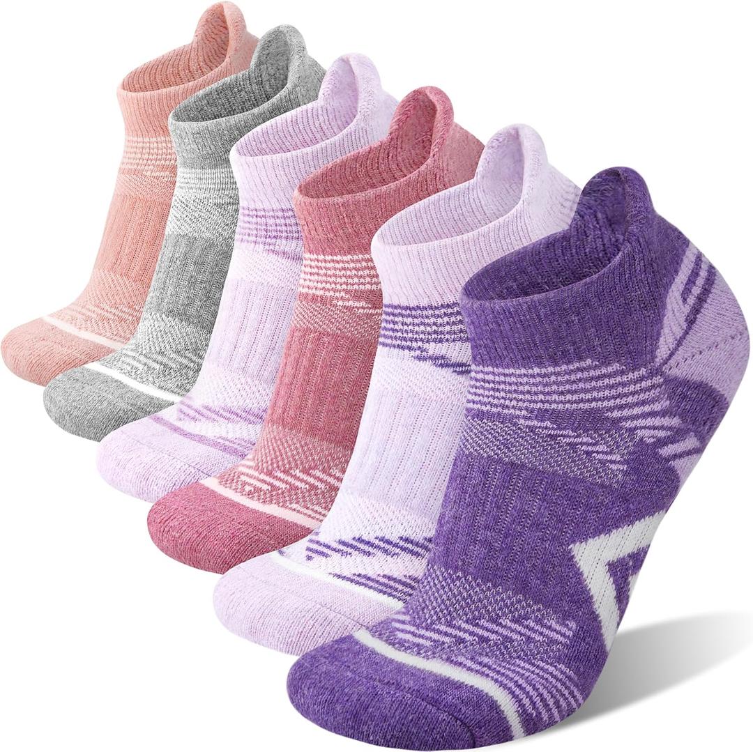 ANTSANG Merino Wool Ankle Hiking Socks Compression Warm Thermal Thick Cushion Winter Running No Show Moisture Wicking Socks Gifts Stocking Stuffers for Women Men 6 Pairs(Pink/ Purple, M)
