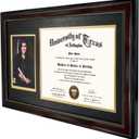 GraduationMall 11x19 Mahogany Diploma and Photo Frame for 8.5x11 Certificate,5x7 Picture,Real Glass,Black over Gold Double Mat, 13x21.5x1.5 inches