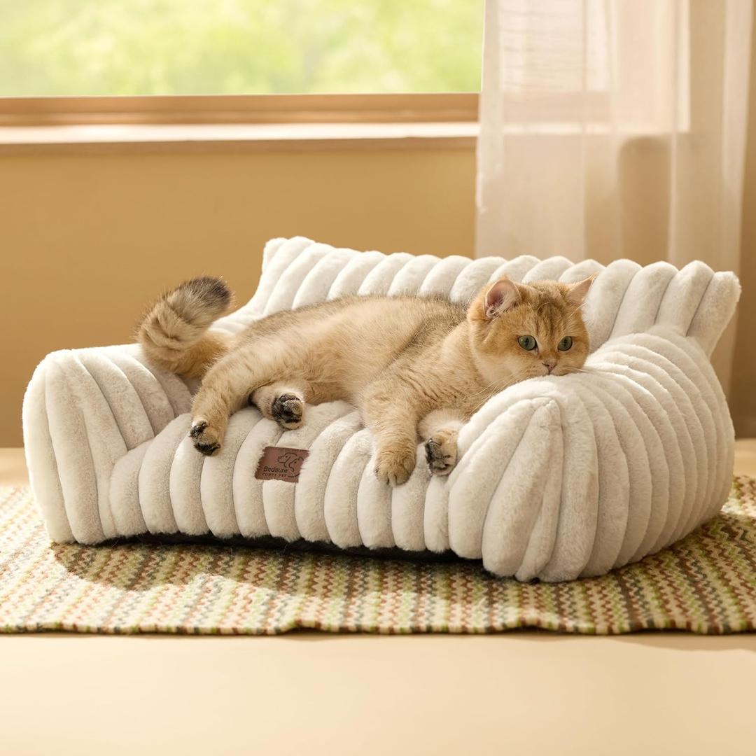Bedsure ComfyFleece Cute Cat Couch for Pets - Fluffy Cat beds with Premium Soft Corduroy Fleece, Fuzzy Cats beds for Indoor Cats with Removable Washable Cover, Supportive Pet Sofa, 24inch, Cream (24x18x10")