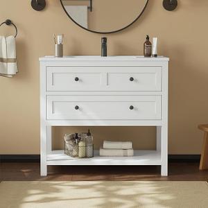 36 Inch Bathroom Vanity with Sink,Modern Bathroom Single Sink Vanity, Storage Cabinet with Drawers& Storage Shelf, Solid Surface Composite Top, White