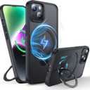 360Rotatable Magnetic Ring for iPhone 14 Plus Case/iPhone 15 Plus Case Compatible with MagSafe [Non-Slip Texture][Built-in Kickstand][Military Shockproof] Translucent Matte Silicone Slim,Black