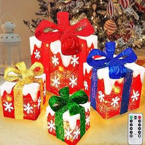 4 Pack Lighted Gift Boxes Christmas Decorations 70 LED 8 Modes Timer Remote Battery Operated Snowflake Present box Christmas Indoor Outdoor Decor Home Yard Xmas Tree, Extra Large 12"-10"-8"-7"