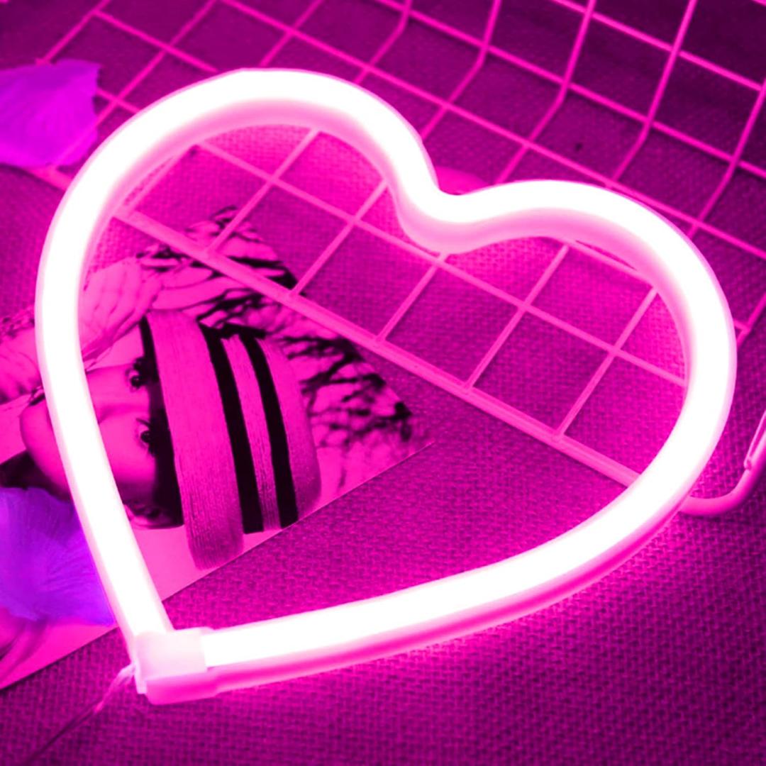 Pink Heart Neon Sign, Battery Operated or USB Powered LED Neon Light for Party, Cute Valentine's Day Decor and Gift Home Decoration Lamp, Table & Wall Decoration Light, Mother's Day Gift and Kids Gift