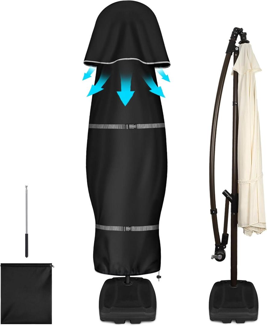 FIOBEE Patio Umbrella Cover for 7ft to 11ft Cantilevers Offset Umbrella or Market Umbrella 600D Waterproof Outdoor Parasol Cover with Rod Patio Furniture Covers, Black