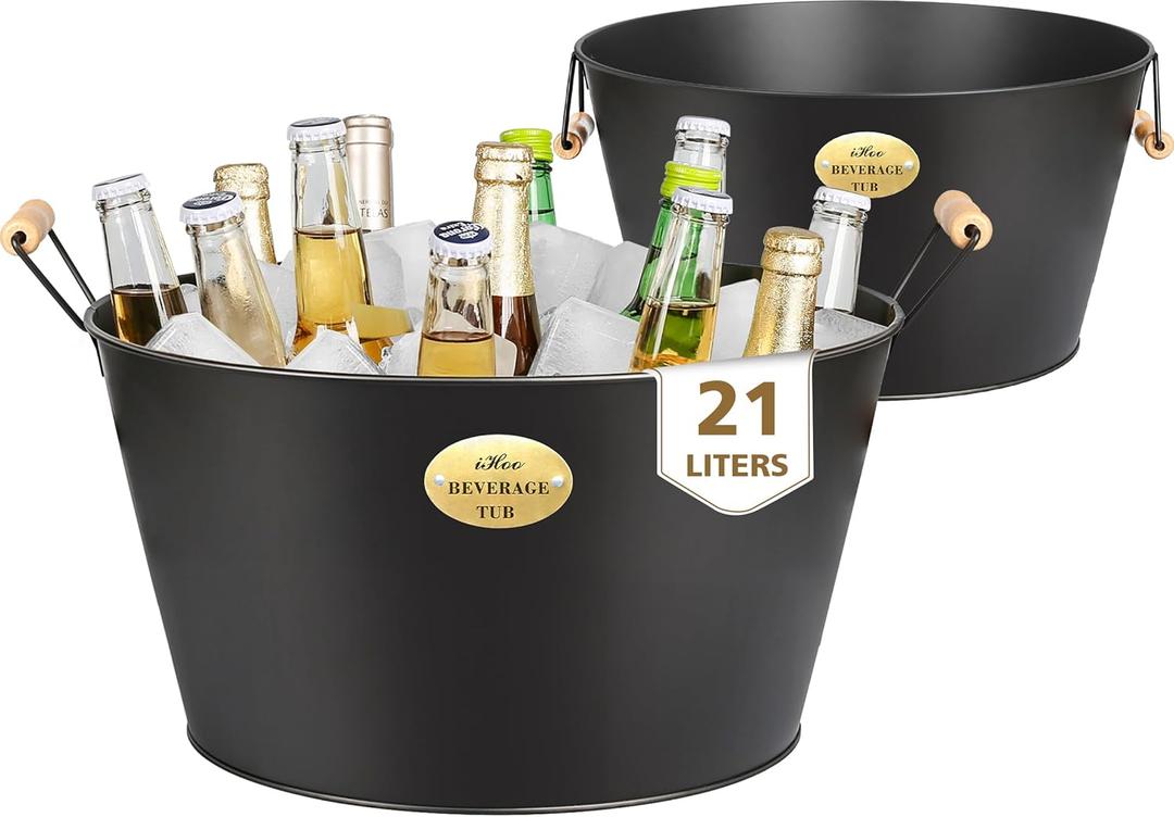 Large 5.5 Gallons Beverage Tubs for Parties 2 Pack, 21L Ice Bucket with Wooden Handles, Black Galvanized Tub, Ideal Party Tubs for Drinks