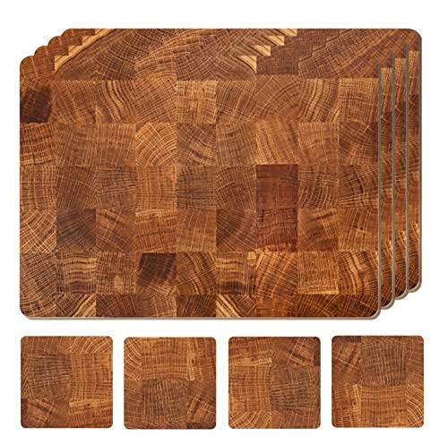 Moderry Set of 4 Heat Resistant Cork Placemats for Dining Table with Free Set of 4 Matching Drink Coasters Marble Design 16 x 12 Inches Cork Backed Hard Placemats (Honey Oak)