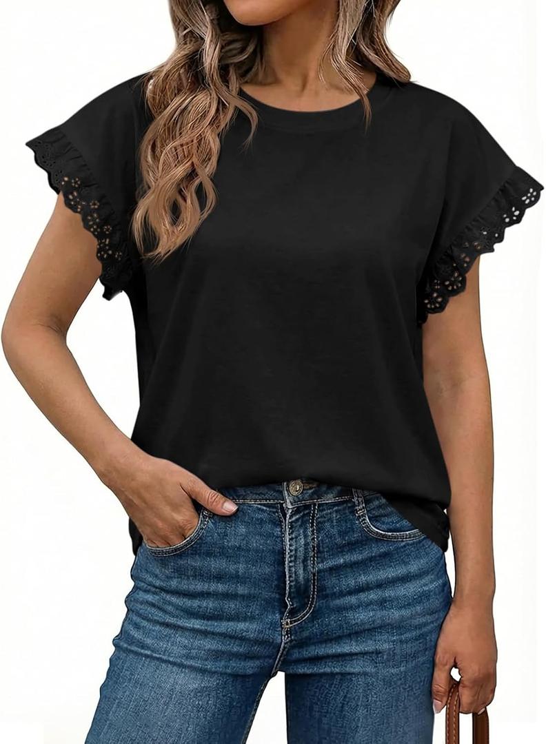 Tankaneo Womens Summer Crewneck T-Shirts Lace Cap Sleeve Tops Dressy Casual Loose Fit Work Basic Tees Outfits 2026, M