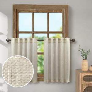 Flax Linen Kitchen Curtains for Windows Over Sink 2 Panels Back Tab Pocket Primitive Earth Tone Small Bathroom Window Curtain for Short Window Bedroom Valance Tier Mini Neutral Farmhouse 52 x 24 Beige