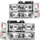 Headlight Assembly Compatible with 1994 1995 1996 1997 1998 Chevy Silverado Tahoe Suburban C10 C/K 1500 2500 3500 Halogen Headlamp, Chrome Housing Amber Reflector