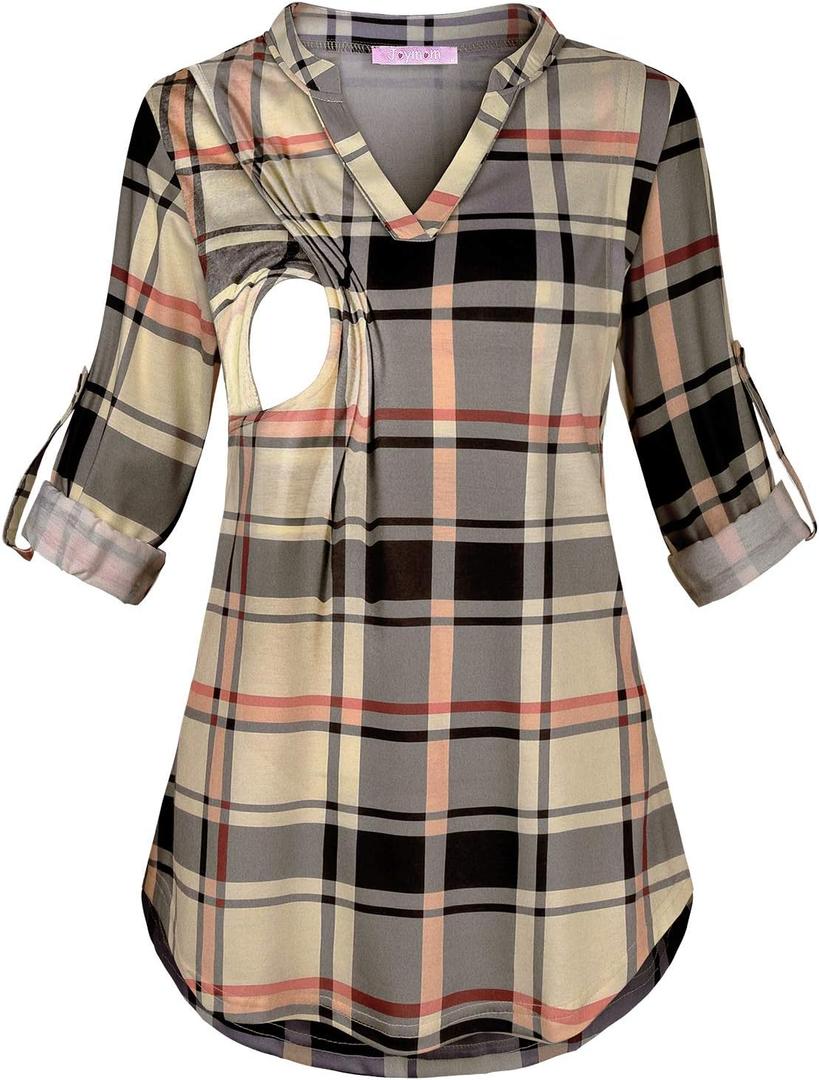 Joymom Maternity Rolled Long Sleeve Nursing Tops Tunic Blouses Breastfeeding (Gray, M)