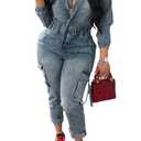 Tbahhir Denim Overalls for Women Cargo V Neck Long Sleeve Tunic Jumpsuits Slim Fit Long Jean Romper with Pockets XXL