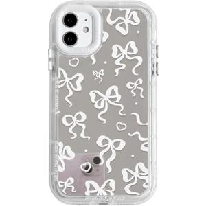 NITITOP Compatible with iPhone 11 Case Cute Mirror Bow Love Heart Pattern for Women Girls Ribbon Design Shockproof Silver Protective Phone Cover - White Bow