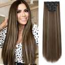 REECHO 28" Straight Long 4 PCS Set Thick Clip in on Hair Extensions -Chocolate Brown with Highlights