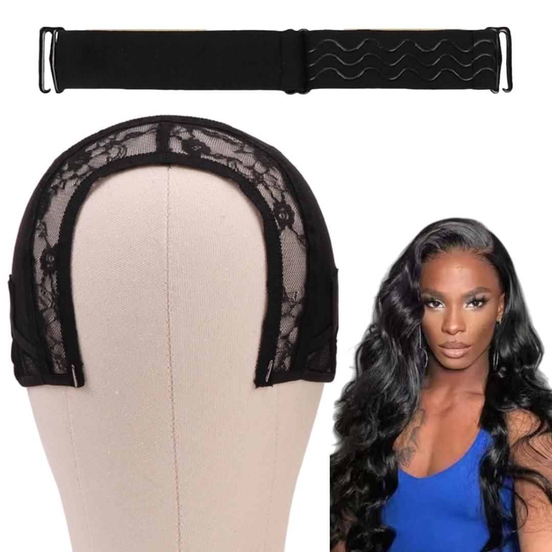 Adjustable Wig Cap with Anti-Slip Elastic Band Set, Breathable U Part Wig Cap with Drawstring, Semi Spliced Caps with Silicone Band for Lace Front & Closure Wigs All-Day Secure (4×4 in)